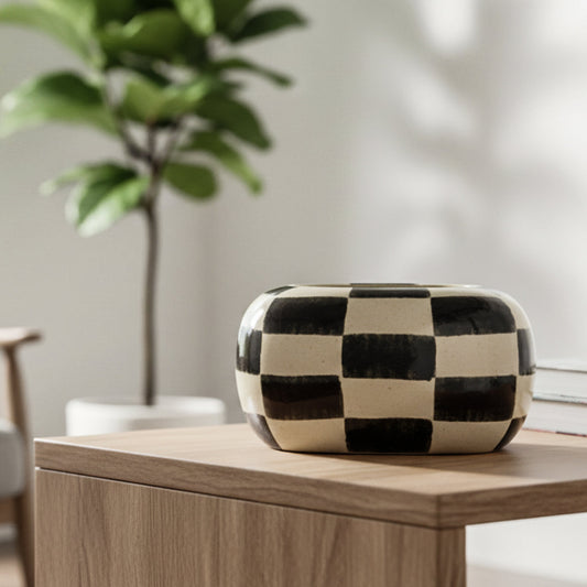 White and Black Checkered Ceramic Planter with Multicolor Gold Polka Dots IDC179-A76
